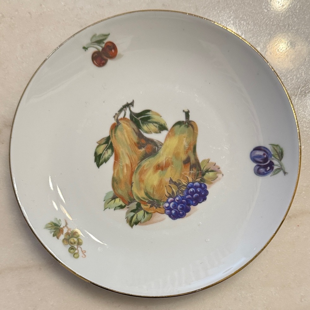 Vintage Kahla Fine Bohemian China with a central motif of two pears. 7.5”